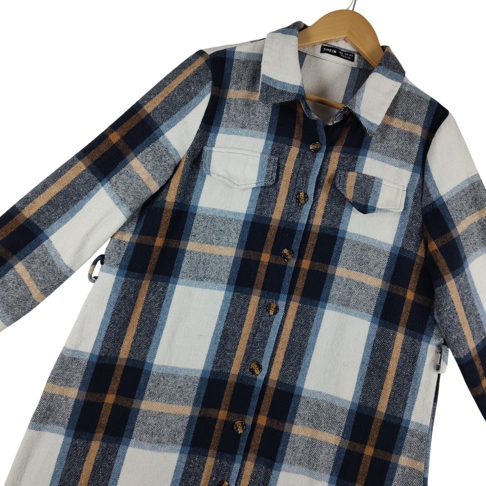 Women Blue White Plaid Flannel Button-Down Front Flap Pocket Shirt Dress Size XL